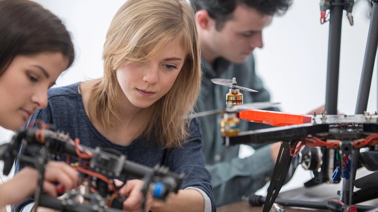 Inklusion und Integration - eine Gruppe von Jugendlichen arbeiten gemeinsam an einer Drohne